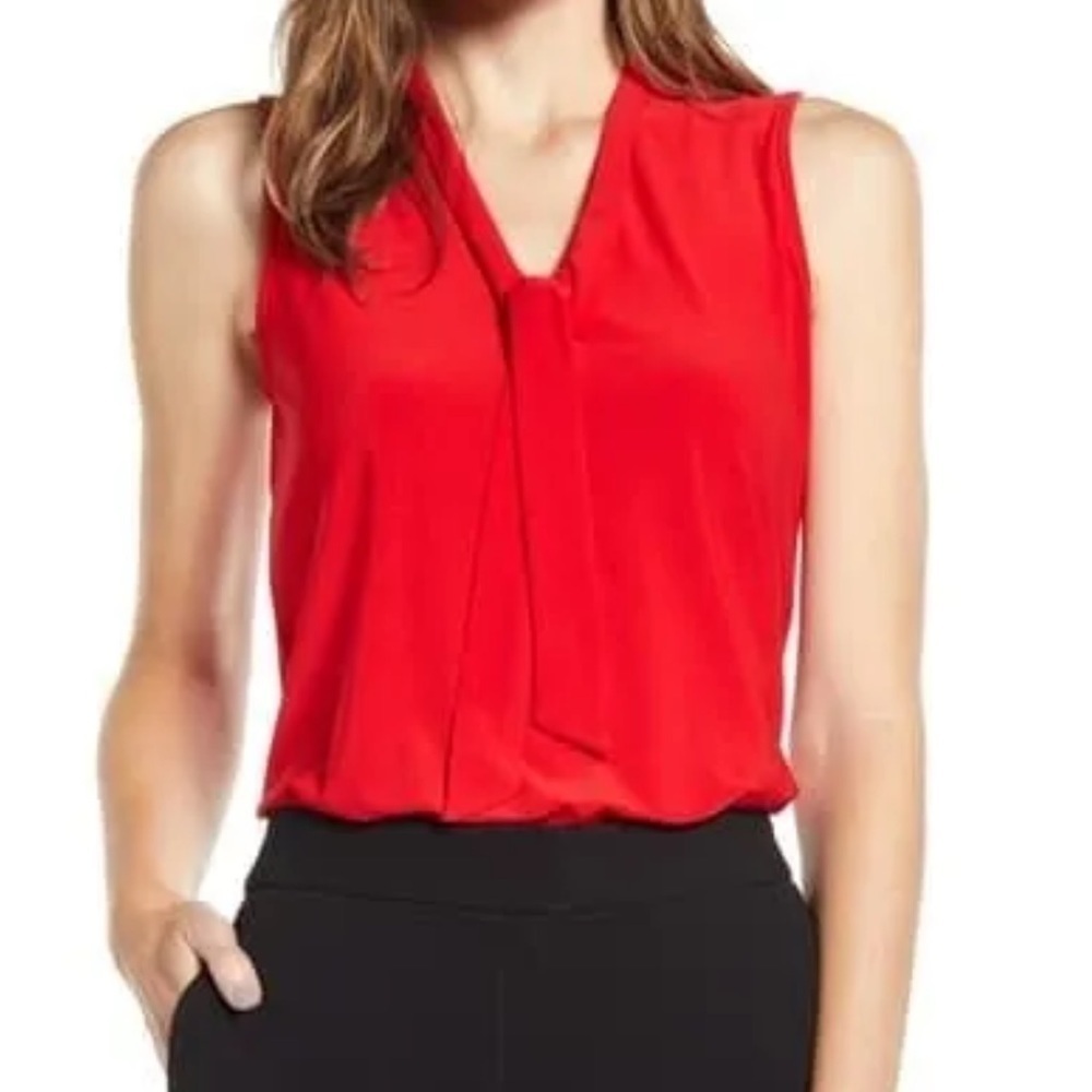 NWT Anne Klein Red Sleeveless Tie Neck Blouse Size Small